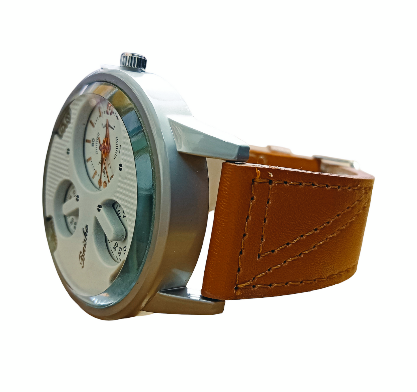 Baisha Analog Watch with Triple Dial and Brown Leather Strap