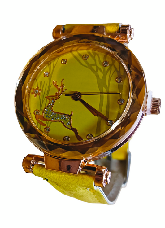 Reindeer Watch - Yellow Strap, Gold plated Case