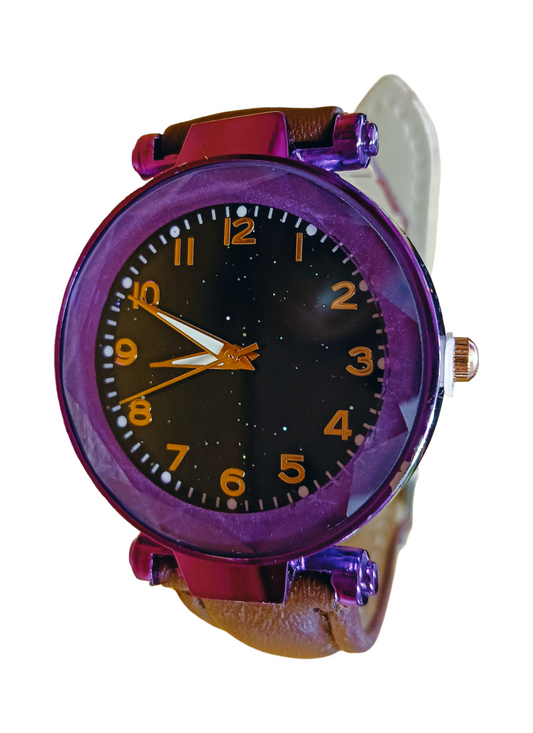 Cosmic Purple Leather Watch - A Celestial Timepiece