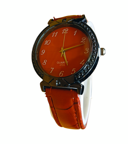 Red Quartz Watch with Black Bezel and Leather Strap