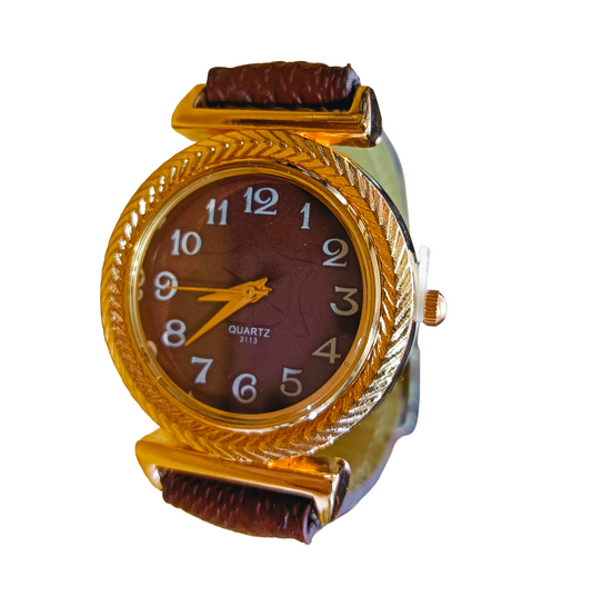 Vintage Gold plated Quartz Watch with Maroon Leather Strap