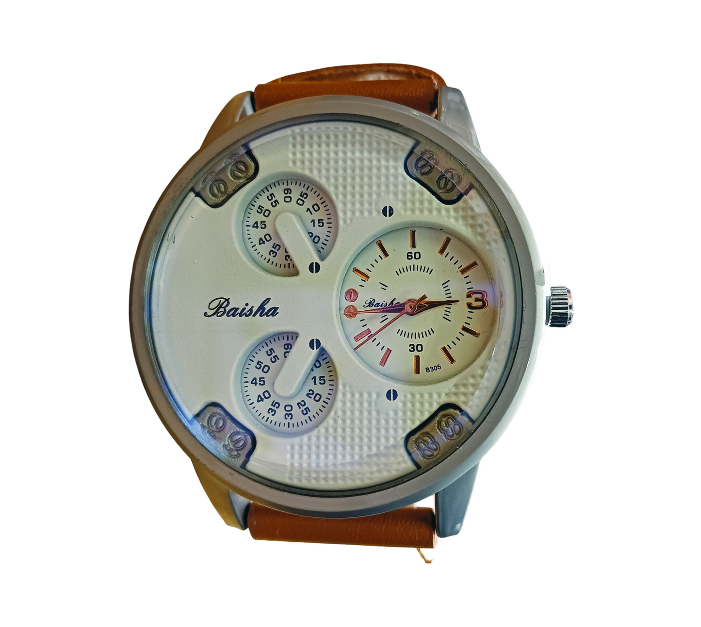 Baisha Analog Watch with Triple Dial and Brown Leather Strap
