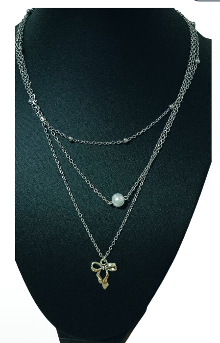 Stainless Steel Pearl and Bow Necklace - Modern Elegance