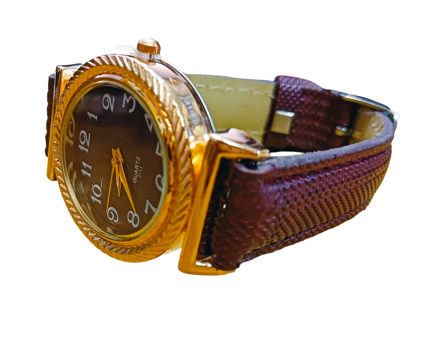 Vintage Gold plated Quartz Watch with Maroon Leather Strap