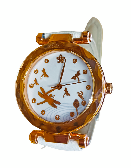 Dragonfly Delight White Leather Watch