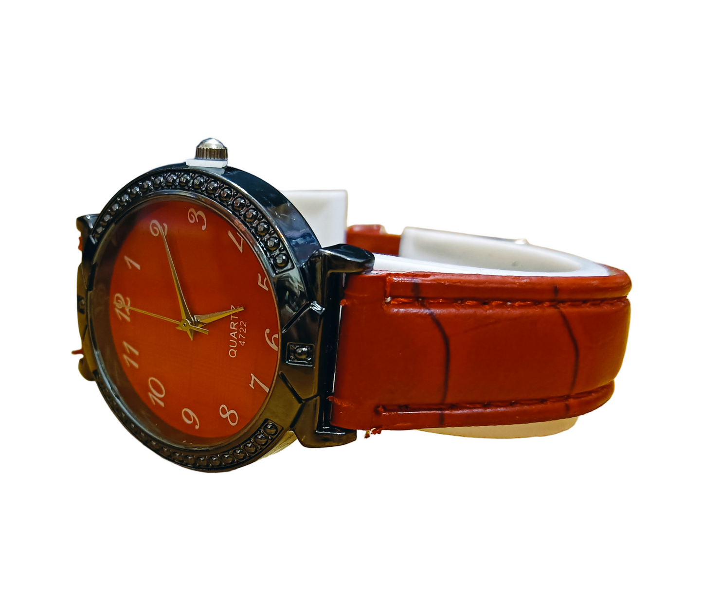 Red Quartz Watch with Black Bezel and Leather Strap