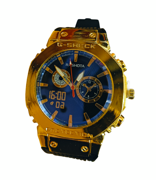 Gold plated and Blue G-Shock Watch with Black Band